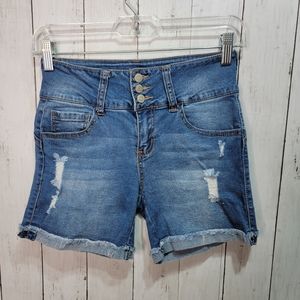 Love Revival Women's Blue High Rise Cotton Stretch Denim Shorts Juniors Size 3.
